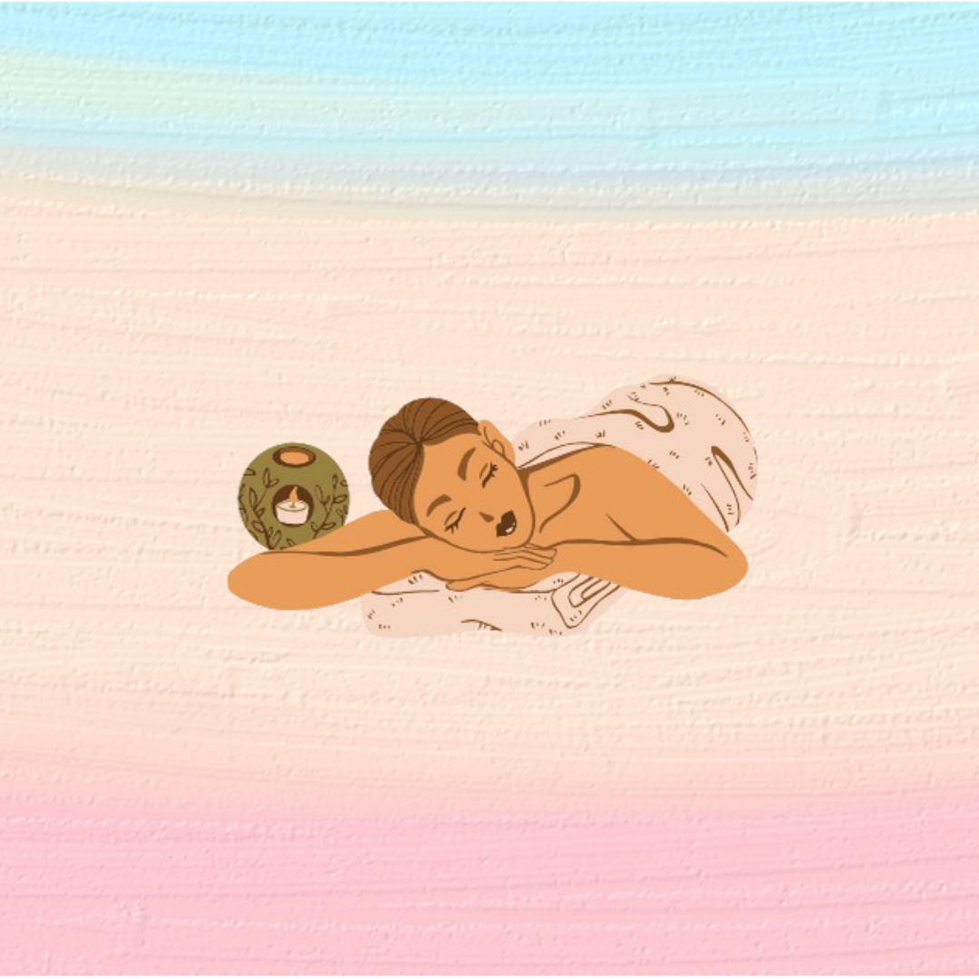 Logo per ayurveda. In primo piano si trova una donna sdraiata con gli occhi chiusi, rilassata e con una coperta; a sinistra si trova una candela accesa. LO sfondo è composto da tre blocchi di colori.