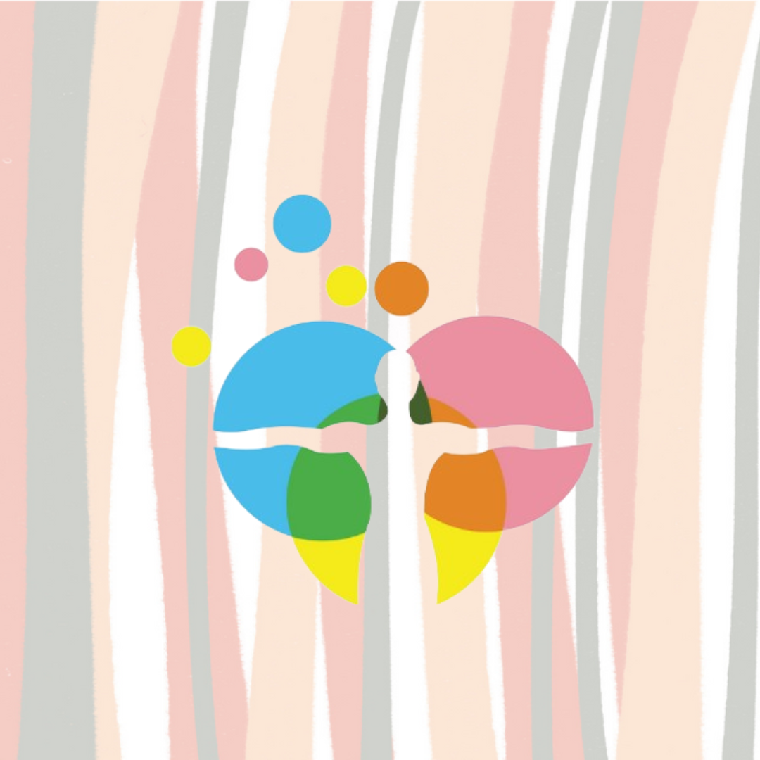Logo fisioterapia, composto da uno sfondo di linee parallele multicolore e in primo piano, la sagoma di un uomo con le braccia aperte, con dietro tre cerchi intersecati.