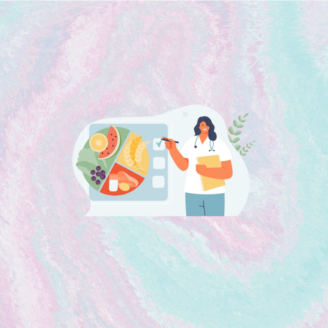 Logo nutrizionista. In primo piano si trova il disegno di una dottoressa a destra; a sinistra si trova un grafico a torta diviso in tre fette, la più grande indica frutta e verdura, una delle piccole indica le proteine e l'altra i carboidrati.  Lo sfondo è un mix di viola e azzurro.